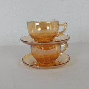 Set of 2 Jeanette Glass Moderne Marigold Iridescent Cup & Saucer Set Punch Cup